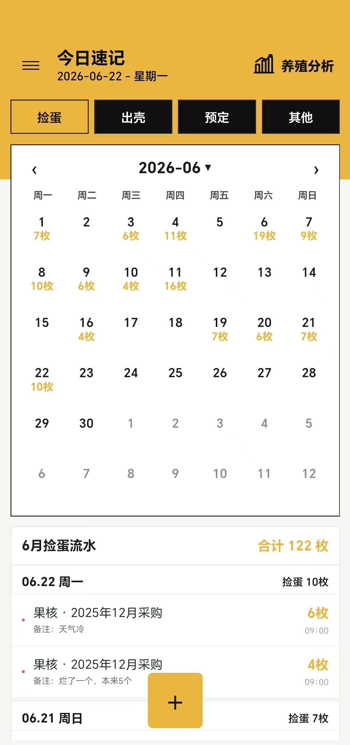 孵记 APP 今日速记页面，包含捡蛋日历和记录流水
